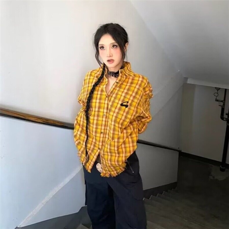 2025美式复古多巴胺黄色格子衬衫男女高街衬衣开衫长袖外套上衣,男装衬衫,星座506A