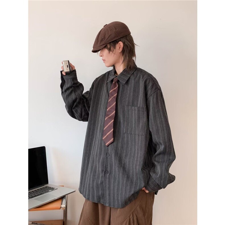 春秋日系复古条纹百搭衬衫男长袖宽松翻领学生休闲衬衣C008,男装衬衫,星座1116A-1（原606A）