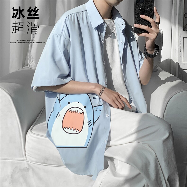 QT67鲨鱼短袖衬衣男港风潮流夏季冰丝衬衫P28,男装衬衫,电商C306-1