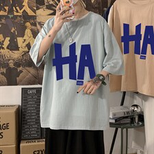 YT26258-P30 亚麻短袖t恤男大码五分袖男宽松七分袖 海报风图片