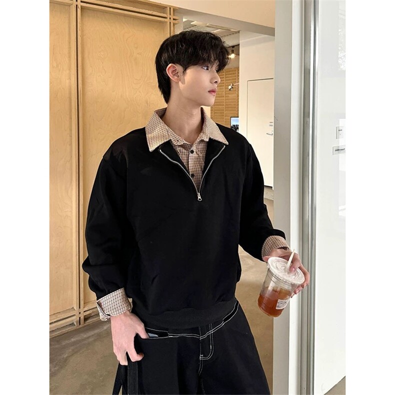 美式潮牌假两件POLO翻领半拉链卫衣男生cleanfit潮流上衣,男装Polo衫,四季星座505