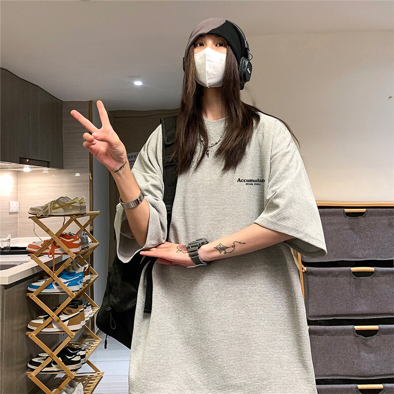 230克*字母印花华夫格短袖男女中性风宽松T恤港风ins潮流,男装T恤,电商C306-1