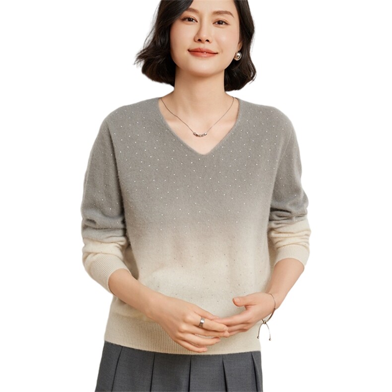时尚优雅女士渐变色V领衫10%加烫钻设计显瘦百搭款,女装羊绒衫,臻维羊绒