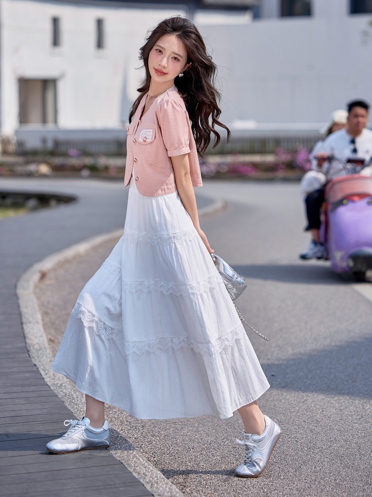 时尚小香风桃心扣短外套蕾丝花边吊带裙两件套夏季新款套装,女装套装/套裙,韩蔻秀