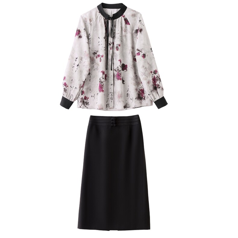 《现货新品》缎面提花领口绑绳设计时尚套裙两件套,女装套装/套裙,魅丽静蓝
