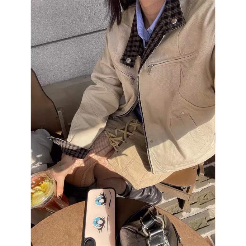 1506/QJ5260/P86悟空有货千鸟格拼接短款哈灵顿夹克男美式帆布,男装夹克,星座1506