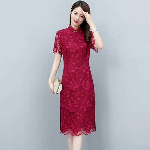 2022年秋冬新款蕾丝旗袍婚庆喜宴中长修身显瘦百搭专柜品质连衣裙，女装汉服/婚纱/旗袍/礼服，媚琳依坊