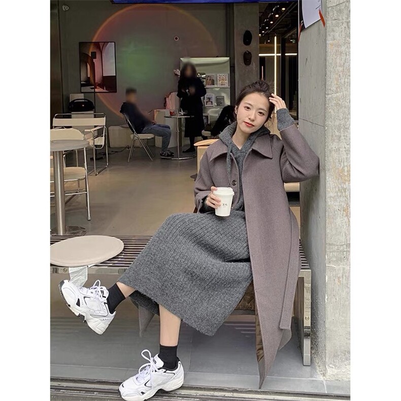 中长款宽松过膝连衣裙慵懒风加厚连帽毛衣针织打底衫,女装连衣裙,思途羊绒