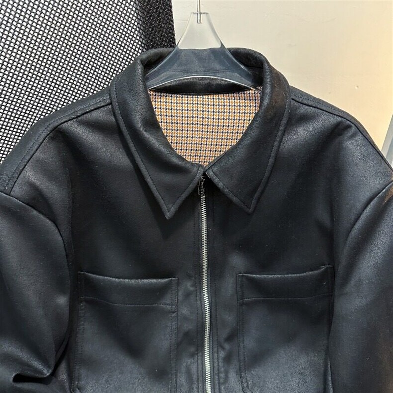 美式复古千鸟格PU皮夹克外套男春秋cleanfit痞帅高级感短款机车服,男装皮衣,星座601-1