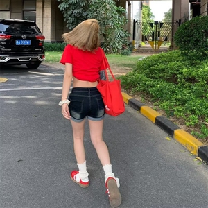 美式复古牛仔短裤女夏季小个子高腰丰胯提臀做旧辣妹紧身包臀热裤图片
