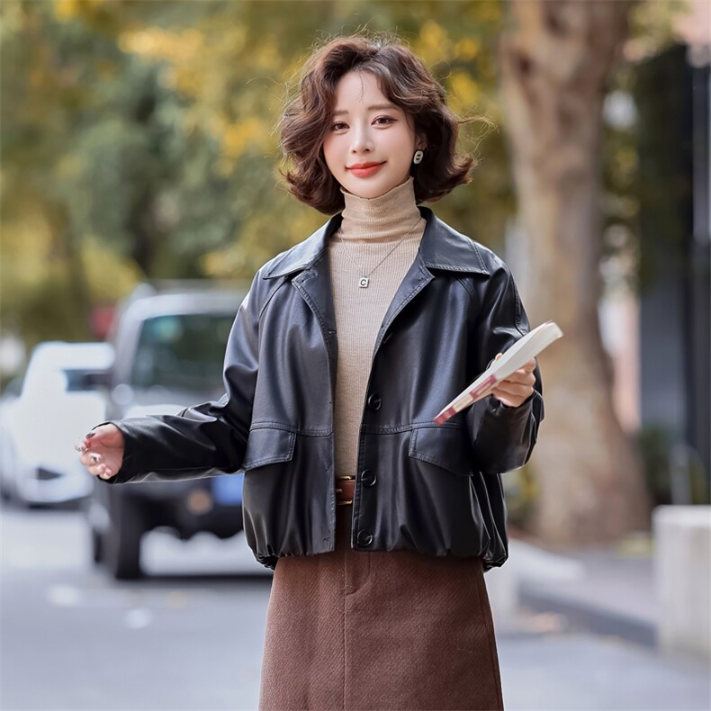 常规短款春季方领纽扣极简风皮衣春秋韩版机车服休闲气质小个子,女装皮衣,简古