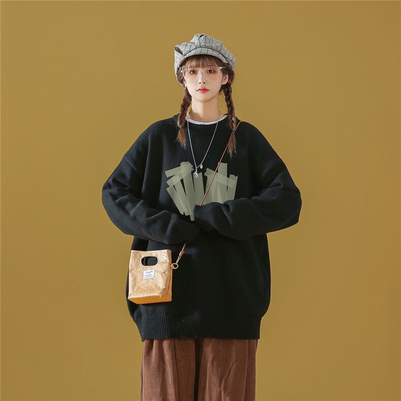 中性秋冬新款设计感印花保暖圆领套头毛衣M1034P50加绒60控68-78,男装针织衫/毛衣,A247A