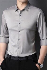 中年新款纯色免烫男装商务休闲时尚潮流百搭男士薄款宽松长袖衬衫图片