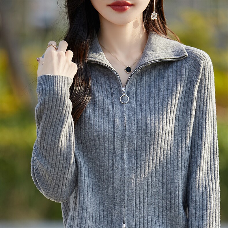 翻领双拉链100%纯羊毛开衫女坑条长袖针织毛衣宽松羊绒衫外搭上衣,女装羊毛衫,片语羊绒