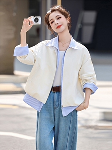 时尚条纹拼接假两件短外套女春季新款设计感减龄夹克风衣上衣图片