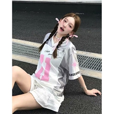 t恤男女oversize夏季银色网纱拼接字母球衣缎面V领上衣TS400，男装T恤，星座1116A（原606A-3）
