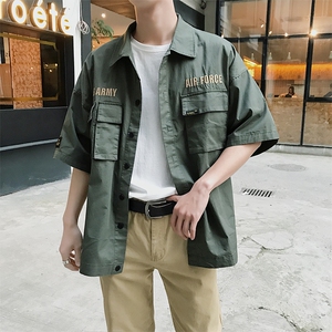100%棉 1港风2021夏装新款短袖衬衫五分袖中袖衬衣男大码8863图片