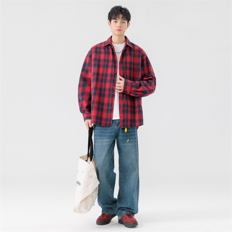 25年春季格子长袖衬衫得物二开衬衣宽松现货DS-C323-1-2382-T批30,男装衬衫,电商C323-1