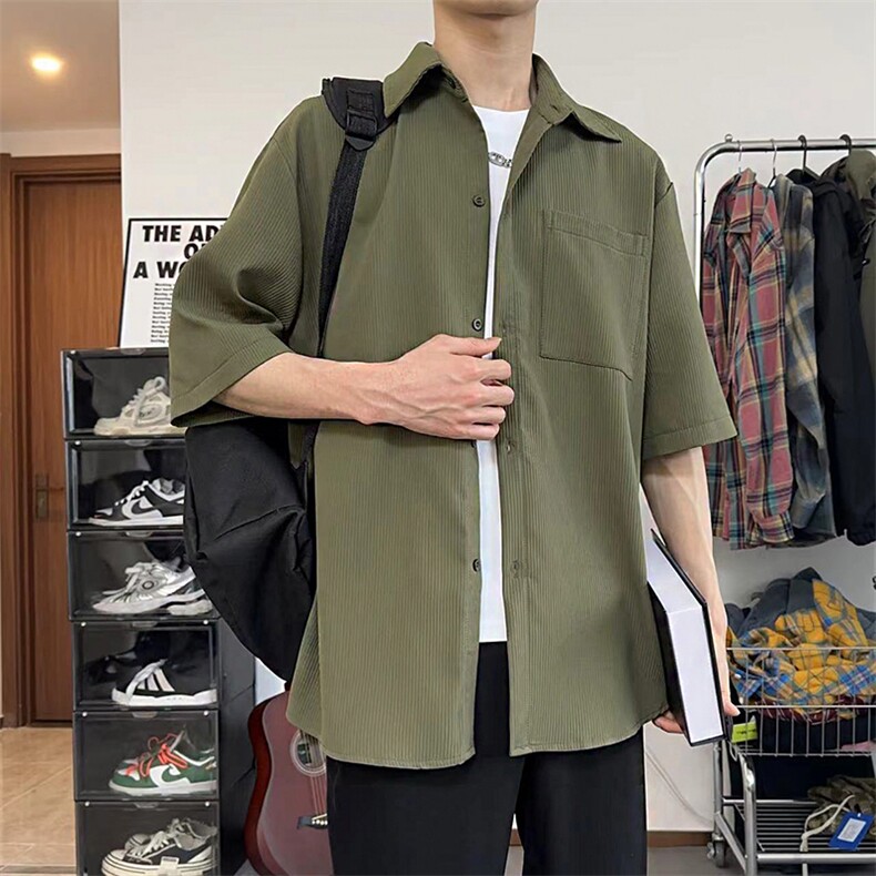 港式复古条纹短袖衬衫外套上衣男2024设计感显瘦衬衣DX102-特P30图片