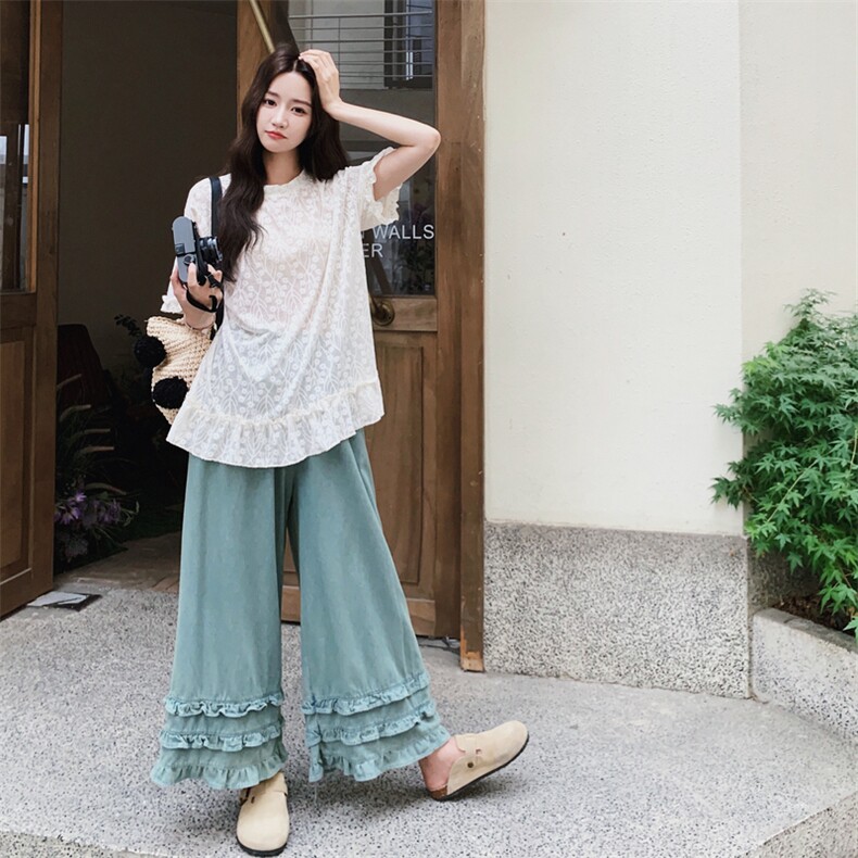 森系甜美蕾丝短袖T恤木耳边阔腿裤两件套女2025夏季新款休闲气质,女装套装/套裙,浙宝217