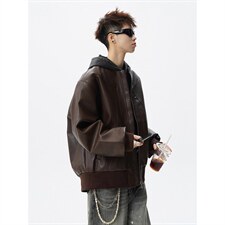 抖音得物高品质美式高街复古老钱风PU皮夹克外套男女短款机车皮衣，男装夹克，电商A486