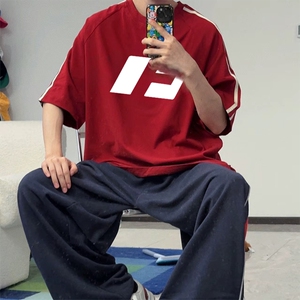 抖音得物高品质二开240克宽松纯棉美式潮牌三条杠织带短袖T恤图片