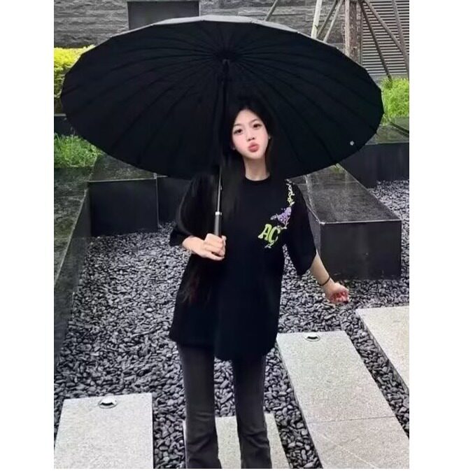 美式潮牌刺绣重磅纯棉正肩短袖t恤女大童初中高中学生设计感上衣图片