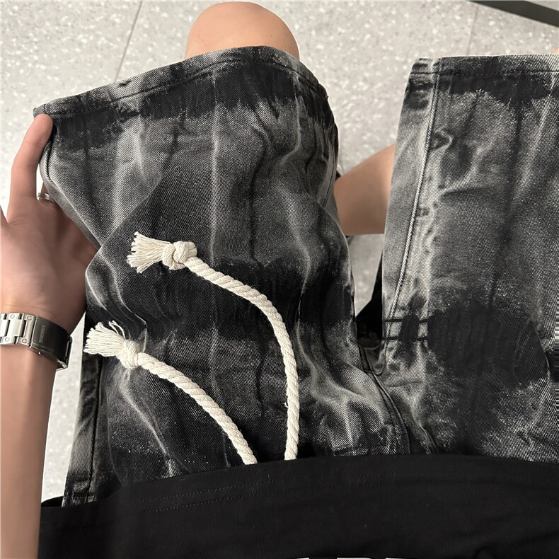 美式扎染水洗牛仔裤中裤宽松系带松紧短裤B315-K23238-P45控58,男装牛仔裤,电商B315