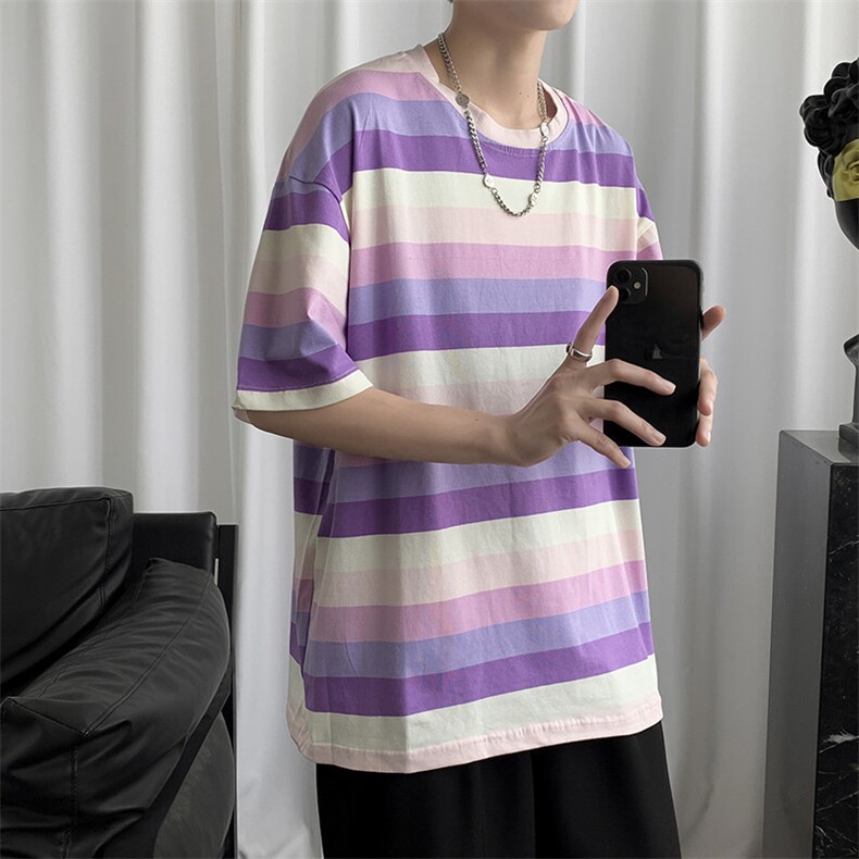 渐变条纹短袖男夏季潮t恤ins炸街嘻哈衣服港风宽松半袖T570-P25,男装T恤,星座512-2