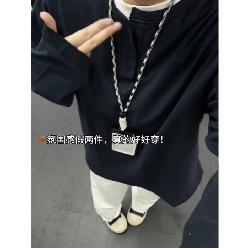 现货自制假两件长袖拼接领T恤上衣打底衫男女情侣p28,男装T恤,星座910A