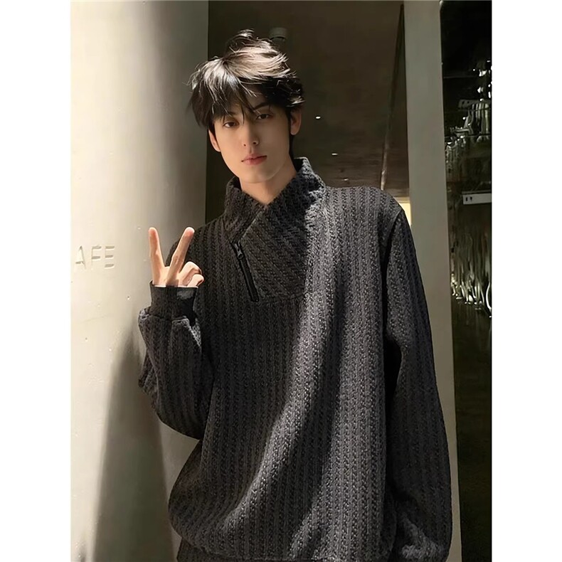 M28-P41 美式斜拉链卫衣男冬季鱼骨条纹长袖T恤图片