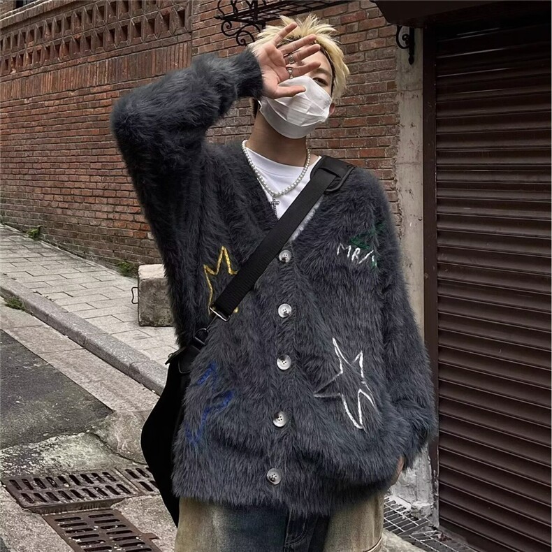 日系慵懒风男士开衫针织衫秋冬季新款潮流外套高级感宽松百搭毛衣图片