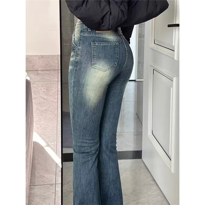复古蓝微喇叭牛仔裤女春秋高腰大码胖mm弹力显瘦梨形身材毛边裤子,男装牛仔裤,星座1210-1