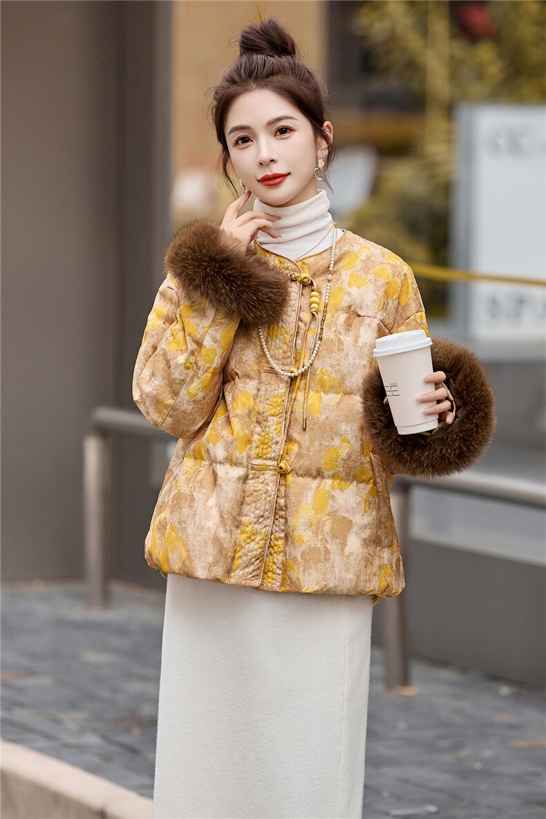 新中式90提花羽绒服2025年冬季新款高级感优雅气质白鸭外套,女装羽绒服,玖莱伊