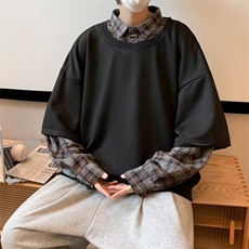 格子拼接假两件卫衣男士春秋季潮ins百搭设计感小众上衣WY011-P40，男装卫衣，星座1008-1