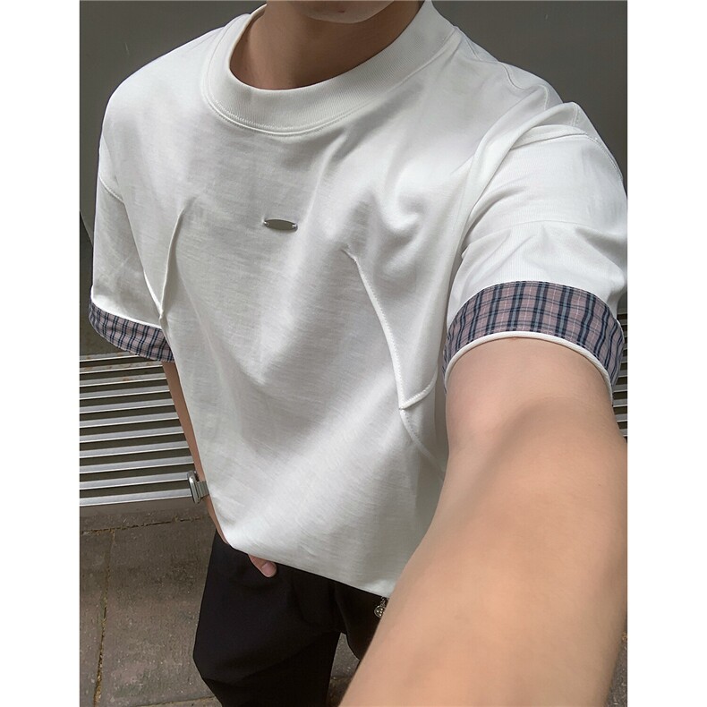 美式格子翻边设计感短袖双层撞色圆领T恤衫男 D425 特P35图片