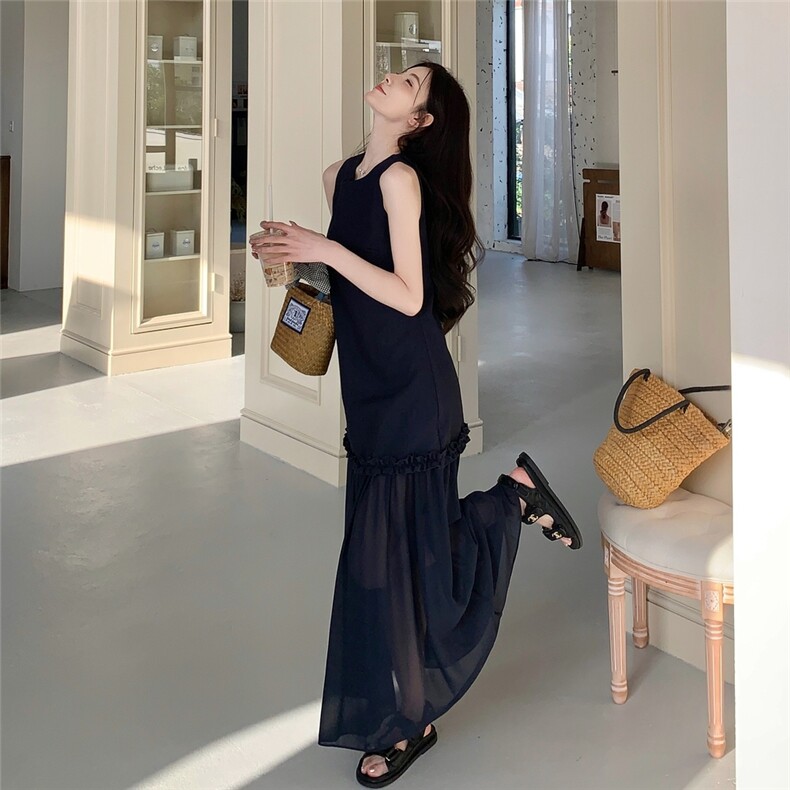 温柔风黑色显瘦气质无袖背心长裙夏季新款网纱拼接女神范连衣裙女,女装连衣裙,2C305