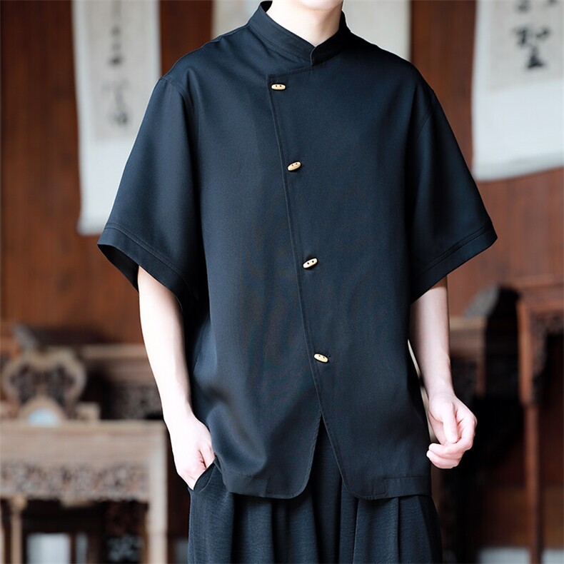 新中式轻国风衣服斜襟盘扣衬衫短袖男夏季高级感改良唐装汉服茶服,男装衬衫,电商A021