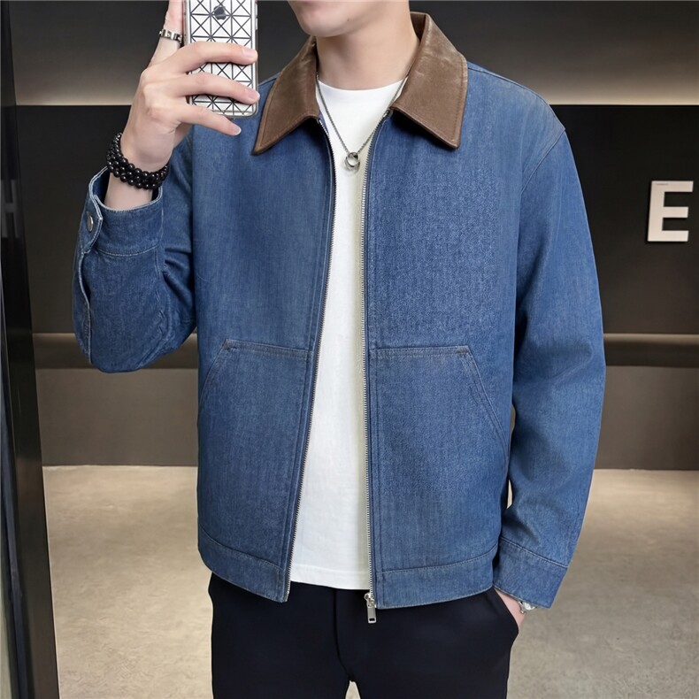 春款轻熟抖音小伙牛仔拼皮纯色休闲夹克店主风A236-JK661-P130,男装夹克,电商A236