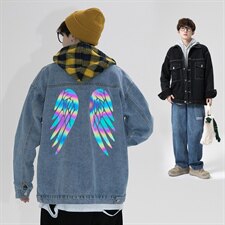 2021秋季新日系大码男镭射炫彩翅膀反光印花牛仔夹克外套NJ123P75，男装夹克，电商A001