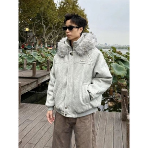 美式复古潮流毛领连帽棉衣男女情侣款冬季加厚保暖呢子棉衣服外套图片