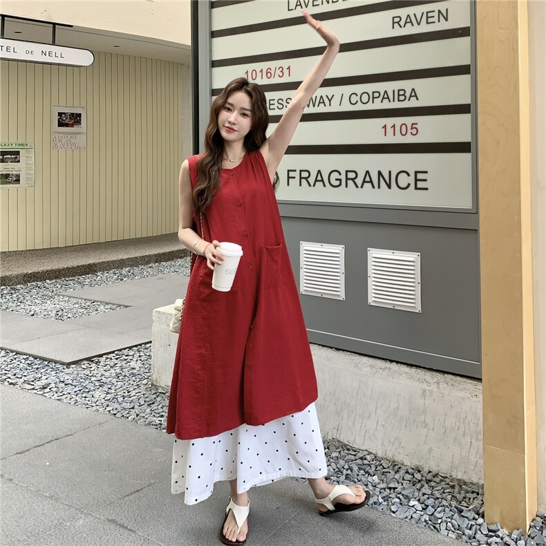 红色无袖衬衫叠穿连衣裙女夏波点阔腿裤两件套装裙巨好看超火爆款,女装套装/套裙,蝶眷