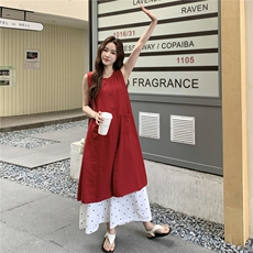 红色无袖衬衫叠穿连衣裙女夏波点阔腿裤两件套装裙巨好看超火爆款，女装套装/套裙，蝶眷