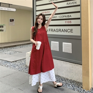 红色无袖衬衫叠穿连衣裙女夏波点阔腿裤两件套装裙巨好看超火爆款图片