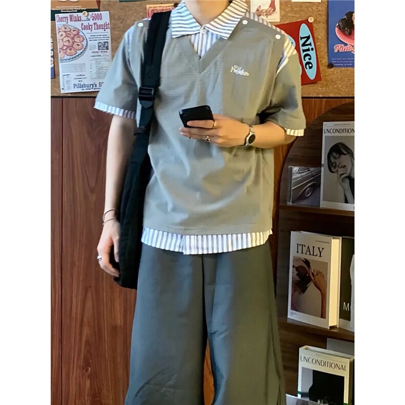 BN0216-P45假两件拼接设计感刺绣重磅polo领t恤宽松上衣短袖潮,男装T恤,电商C233