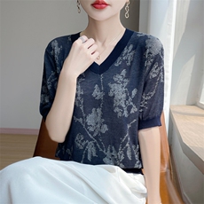 夏季新款天丝V领花藤短袖女宽松百搭显瘦时尚休闲上衣，女装针织衫/毛衣，暖娇绒