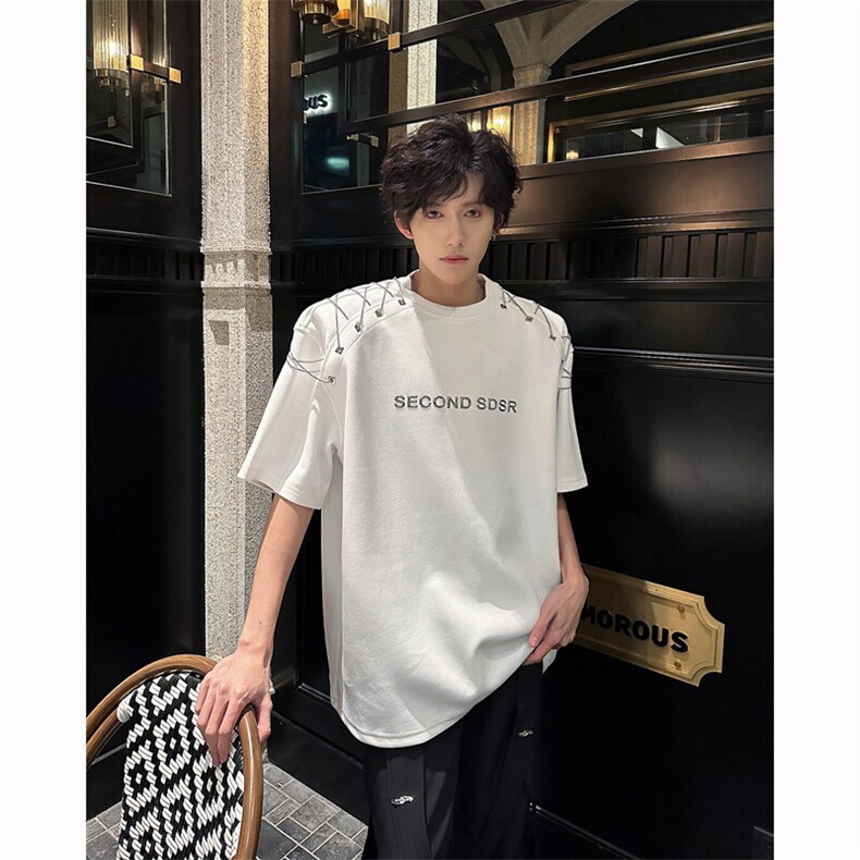 现货！25夏男士设计感金属链条帮点设计感垫肩短袖DX177-P78,男装T恤,电商B288
