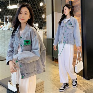 绿色牛仔短外套女港风设计感廓形时髦夹克时尚韩版小清新上衣图片