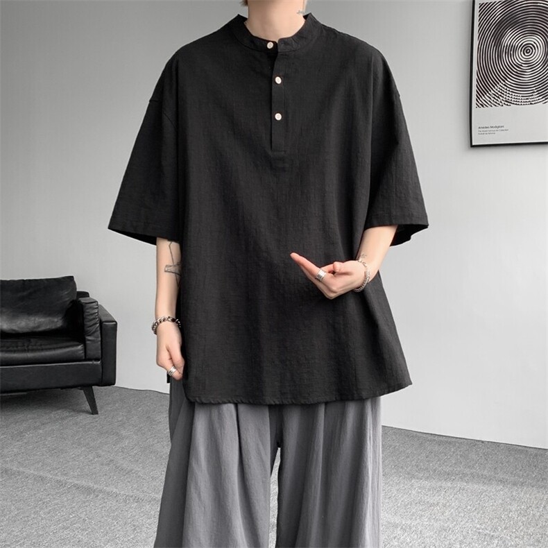 8XL-M中式立领棉麻T恤特大码亨利领亚麻短袖polo衫半袖DX1210/P45,男装T恤,电商B238