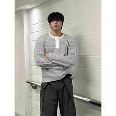 简约覆古亨利领条纹长袖t恤男cleanfit基础款通勤宽松百搭打底衫，男装T恤，星座506A